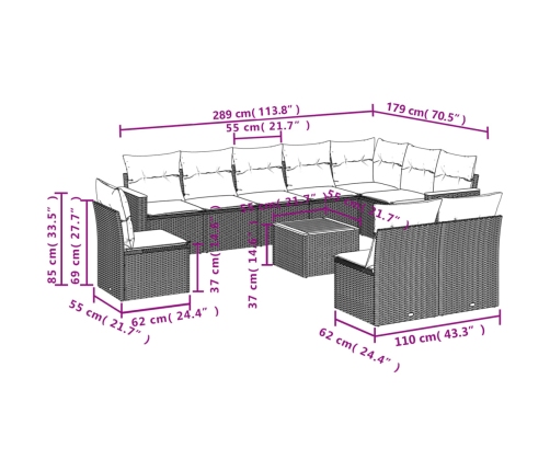 vidaXL 11-daļīgs dārza dīvāna komplekts, matrači, melna PE rotangpalma