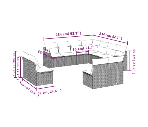 vidaXL 11-daļīgs dārza dīvāna komplekts, matrači, melna PE rotangpalma