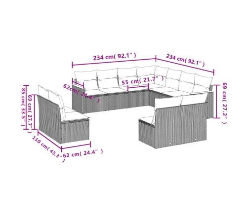 vidaXL 11-daļīgs dārza dīvāna komplekts ar matračiem, pelēks PE pinums