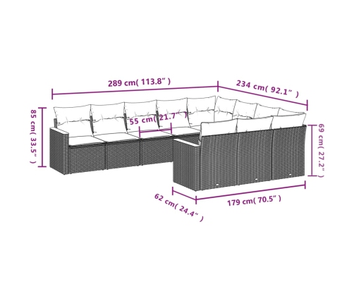 vidaXL 10-daļīgs dārza dīvāna komplekts, matrači, melna PE rotangpalma