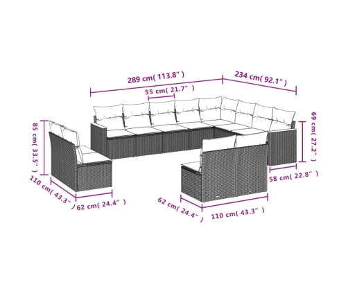 vidaXL 12-daļīgs dārza dīvāna komplekts, matrači, bēša PE rotangpalma