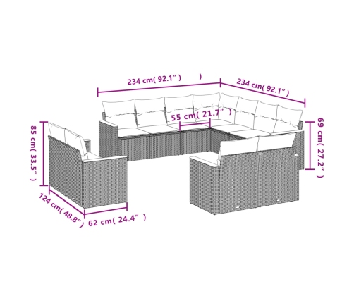 vidaXL 11-daļīgs dārza dīvāna komplekts, matrači, bēša PE rotangpalma