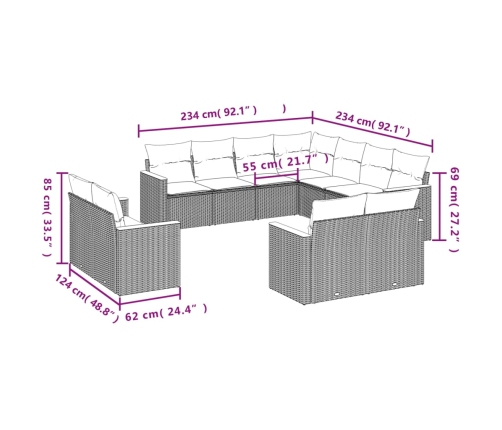 vidaXL 11-daļīgs dārza dīvāna komplekts ar matračiem, pelēks PE pinums