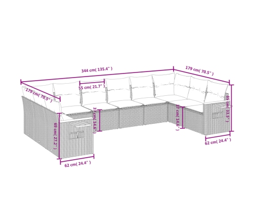 vidaXL 10-daļīgs dārza dīvāna komplekts, matrači, melna PE rotangpalma