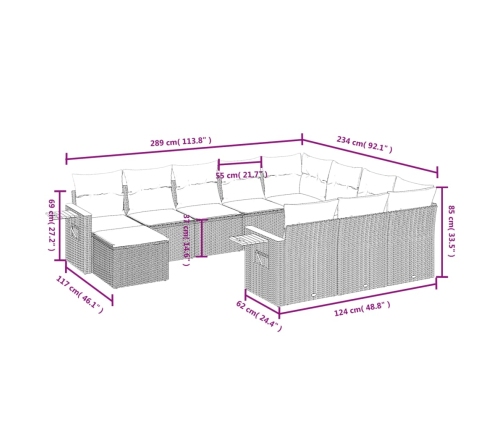 vidaXL 11-daļīgs dārza dīvāna komplekts ar matračiem, pelēks PE pinums
