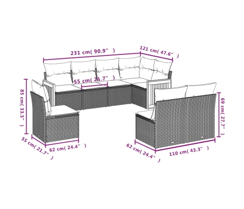 vidaXL 8-daļīgs dārza dīvāna komplekts, matrači, bēša PE rotangpalma