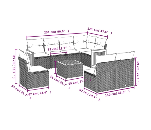 vidaXL 9-daļīgs dārza dīvānu komplekts, matrači, bēša PE rotangpalma