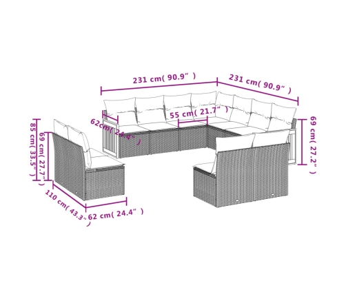 vidaXL 11-daļīgs dārza dīvāna komplekts, matrači, melna PE rotangpalma