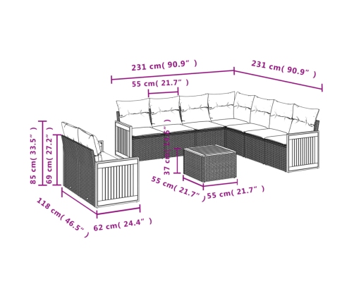 vidaXL 10-daļīgs dārza dīvāna komplekts, matrači, melna PE rotangpalma