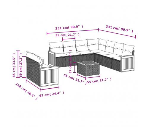 vidaXL 10-daļīgs dārza dīvāna komplekts, matrači, melna PE rotangpalma