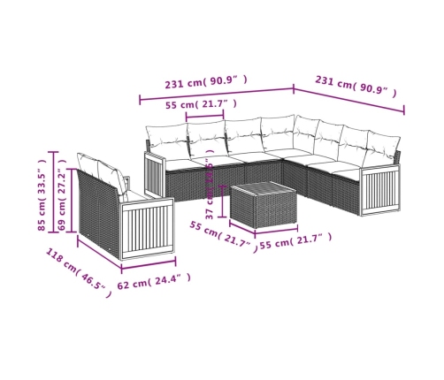 vidaXL 10-daļīgs dārza dīvāna komplekts ar matračiem, pelēks PE pinums