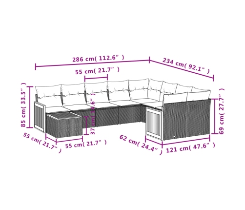 vidaXL 10-daļīgs dārza dīvāna komplekts ar matračiem, pelēks PE pinums
