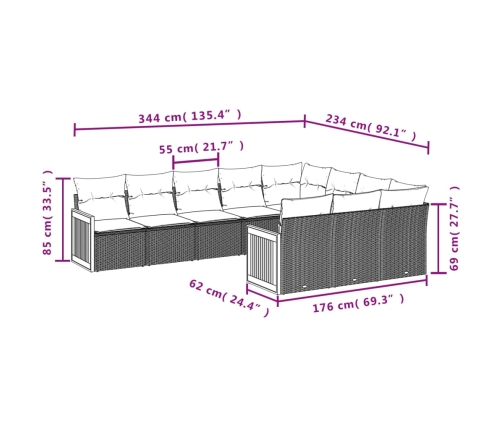 vidaXL 10-daļīgs dārza dīvāna komplekts ar matračiem, pelēks PE pinums