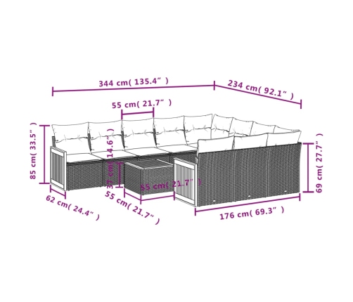vidaXL 11-daļīgs dārza dīvāna komplekts ar matračiem, pelēks PE pinums