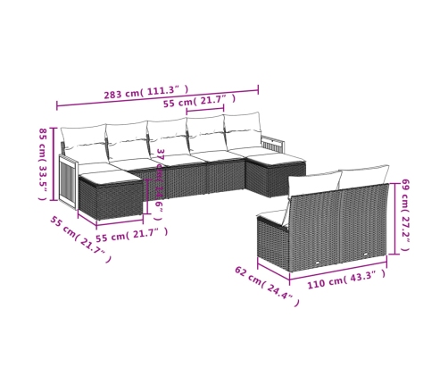 vidaXL 9-daļīgs dārza dīvāna komplekts ar matračiem, pelēks PE pinums