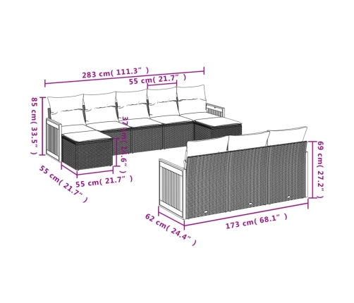 vidaXL 10-daļīgs dārza dīvāna komplekts ar matračiem, pelēks PE pinums