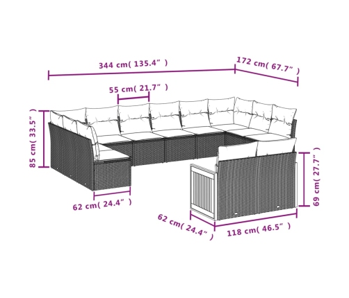 vidaXL 12-daļīgs dārza dīvāna komplekts, matrači, bēša PE rotangpalma