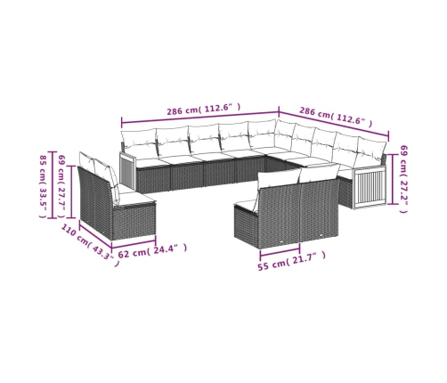 vidaXL 13-daļīgs dārza dīvāna komplekts ar matračiem, PE rotangpalma