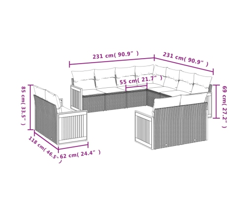 vidaXL 11-daļīgs dārza dīvāna komplekts, matrači, melna PE rotangpalma