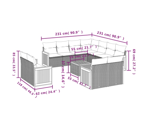 vidaXL 12-daļīgs dārza dīvānu komplekts, matrači, melna PE rotangpalma
