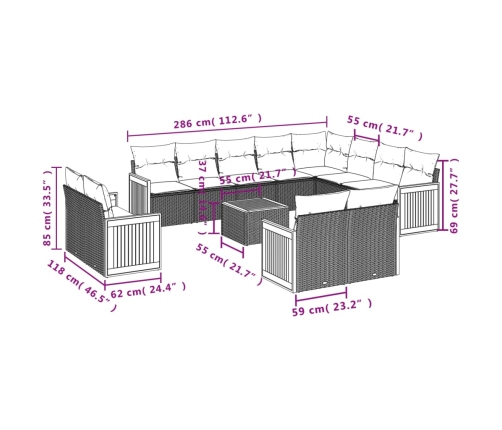 vidaXL 13-daļīgs dārza dīvāna komplekts ar matračiem, PE rotangpalma