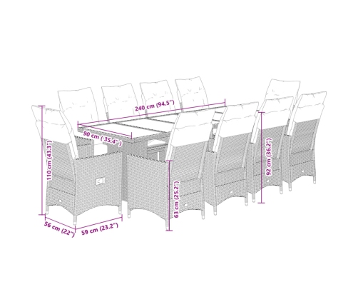 11Daļīgs Bistro Mēbeļu Komplekts, Matrači, Melna Pe Rotangpalma Vidaxl