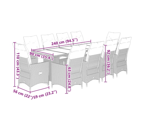 vidaXL 11daļīgs bistro mēbeļu komplekts, matrači, brūna PE rotangpalma