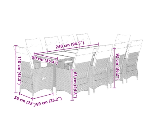 11Daļīgs Bistro Mēbeļu Komplekts, Matrači, Bēša Pe Rotangpalma Vidaxl