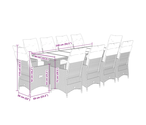 vidaXL 11-daļīgs bistro mēbeļu komplekts, matrači, pelēks PE