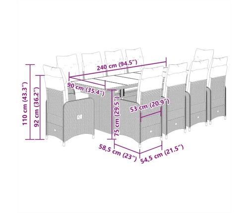 11Daļīgs Bistro Mēbeļu Komplekts, Matrači, Melna Pe Rotangpalma Vidaxl