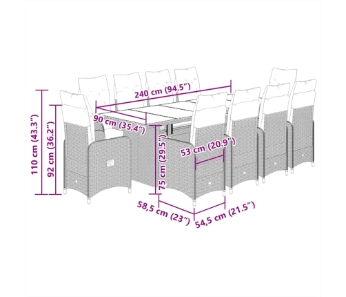 vidaXL 11-daļīgs bistro mēbeļu komplekts, matrači, pelēks PE