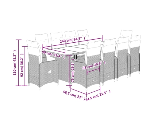 vidaXL 11daļīgs bistro mēbeļu komplekts, matrači, brūna PE rotangpalma