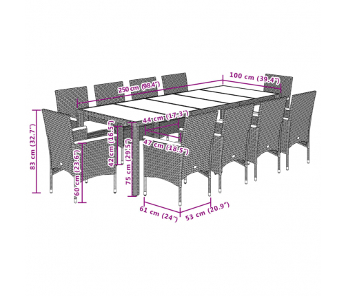 vidaXL 11-daļīgs dārza mēbeļu komplekts matrači, pelēka PE rotangpalma