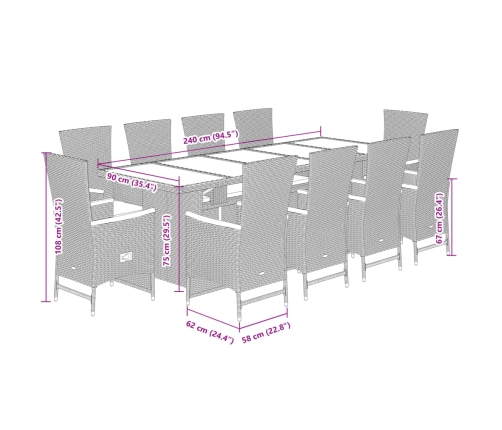 vidaXL 11-daļīgs dārza mēbeļu komplekts, matrači, melna PE rotangpalma