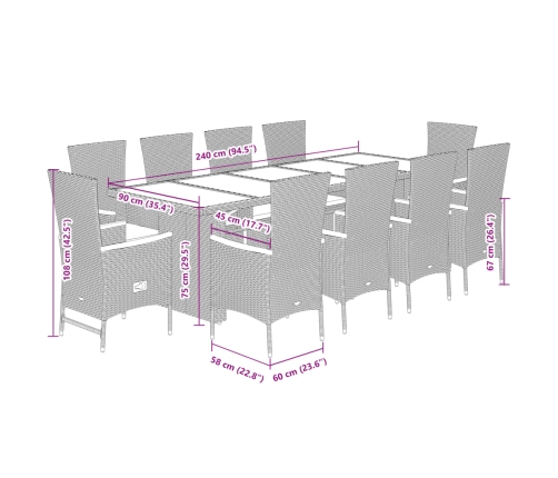 11-Daļīgs Dārza Mēbeļu Komplekts Ar Matračiem, Pe Rotangpalma Vidaxl