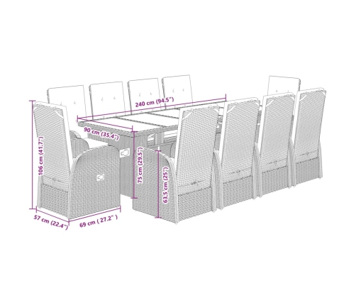 vidaXL 11-daļīgs dārza mēbeļu komplekts ar matračiem, PE rotangpalma