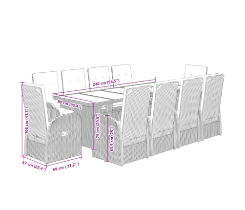 vidaXL 11-daļīgs dārza mēbeļu komplekts ar matračiem, PE rotangpalma