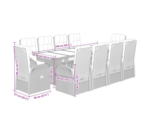 vidaXL 11-daļīgs dārza mēbeļu komplekts, matrači, melna PE rotangpalma