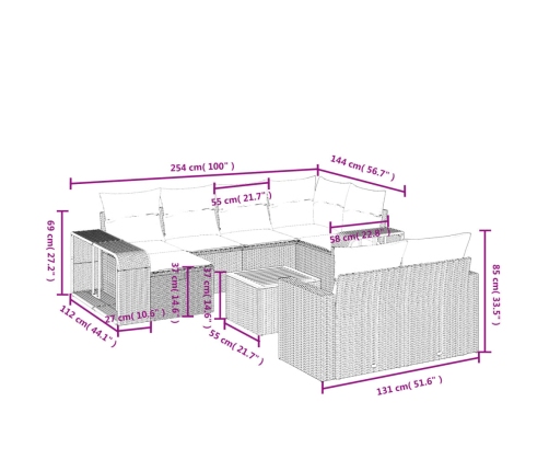 vidaXL 11-daļīgs dārza dīvāna komplekts ar matračiem, pelēks PE pinums