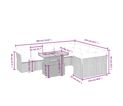 vidaXL 10-daļīgs dārza dīvāna komplekts, matrači, melna PE rotangpalma
