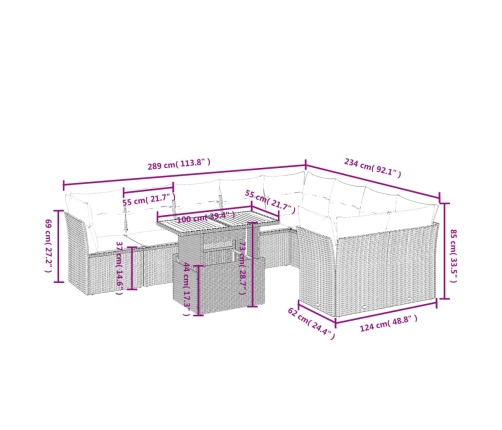 vidaXL 10-daļīgs dārza dīvāna komplekts, matrači, bēša PE rotangpalma