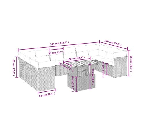 vidaXL 11-daļīgs dārza dīvāna komplekts, matrači, bēša PE rotangpalma