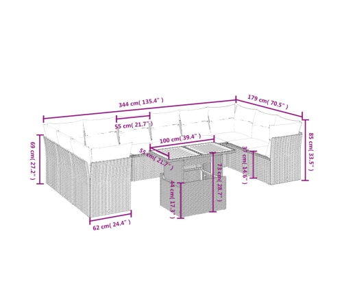 vidaXL 11-daļīgs dārza dīvāna komplekts ar matračiem, pelēks PE pinums