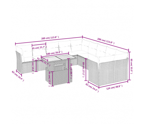 vidaXL 11-daļīgs dārza dīvāna komplekts, matrači, bēša PE rotangpalma