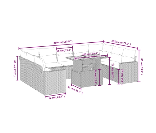 vidaXL 10-daļīgs dārza dīvāna komplekts, matrači, melna PE rotangpalma