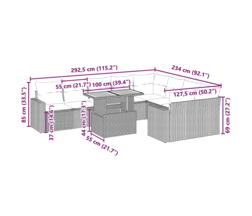 vidaXL 10-daļīgs dārza dīvāna komplekts, matrači, melna PE rotangpalma