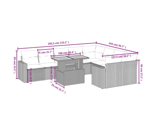 vidaXL 10-daļīgs dārza dīvāna komplekts, matrači, bēša PE rotangpalma
