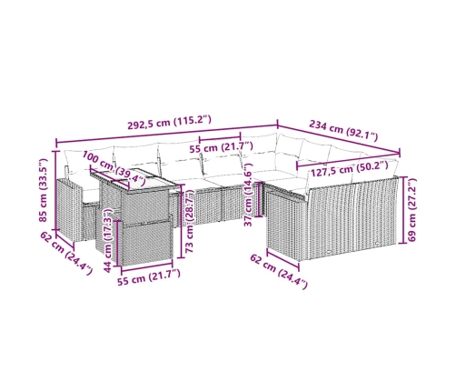 vidaXL 10-daļīgs dārza dīvāna komplekts, matrači, bēša PE rotangpalma