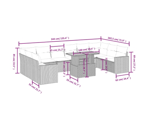 vidaXL 11-daļīgs dārza dīvāna komplekts, matrači, bēša PE rotangpalma