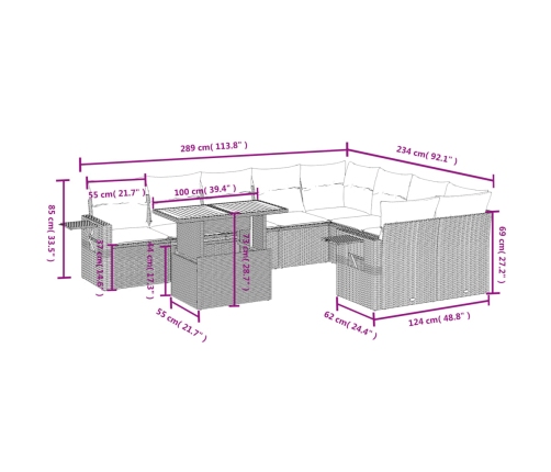 vidaXL 10-daļīgs dārza dīvāna komplekts, matrači, melna PE rotangpalma